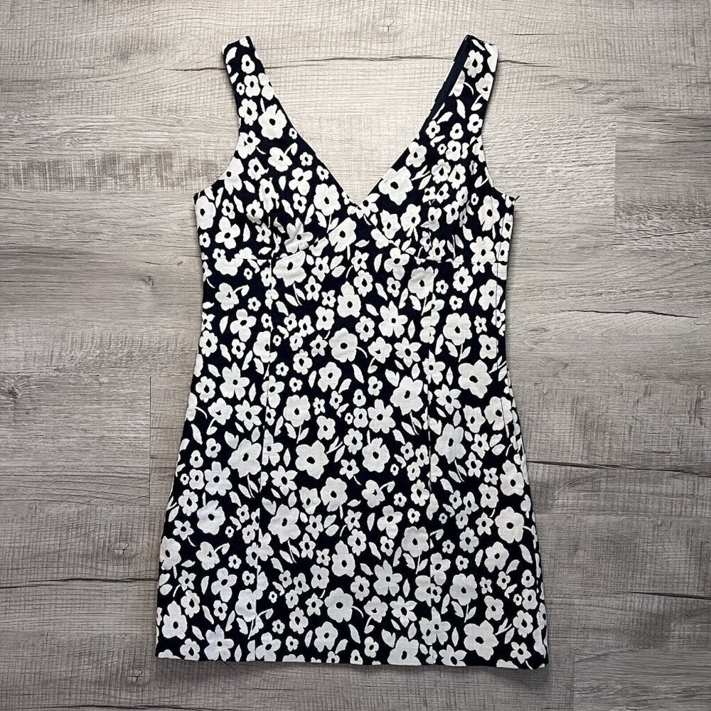Tibi V Neck Floral Dress Women's Size 8 Mini Navy/White Designer Sheath Formal